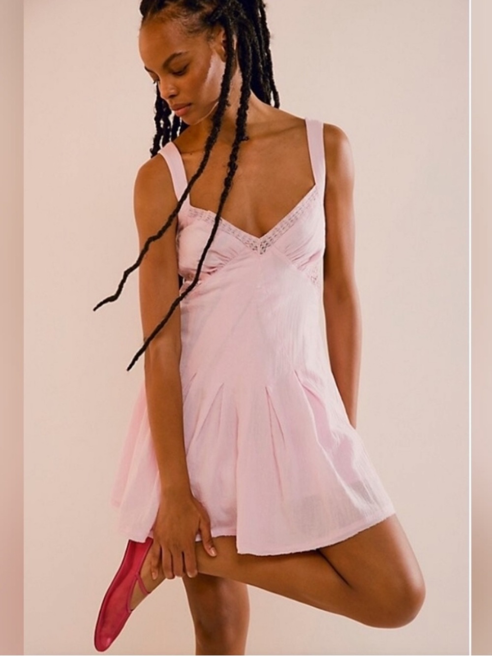 Free People Vivi Side Tie Fit & Flare Lace Trim Cotton Pink Mini Dress Sz Medium